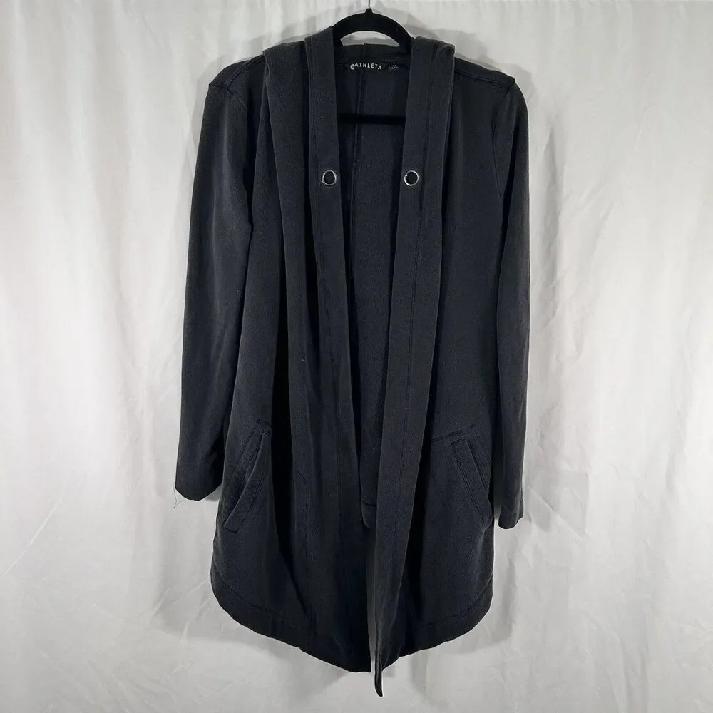 Athleta Long Cardigan Women's XS Black Hoodied Open Front Long Sleeve